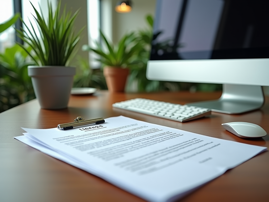 Modern workspace with a document titled 'License,' a pen, keyboard, monitor, and indoor plants in soft focus.