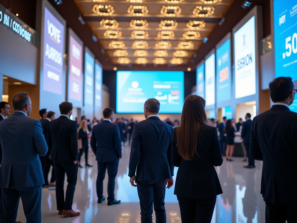 Professionals viewing digital displays at a corporate event in a well-lit conference hall.