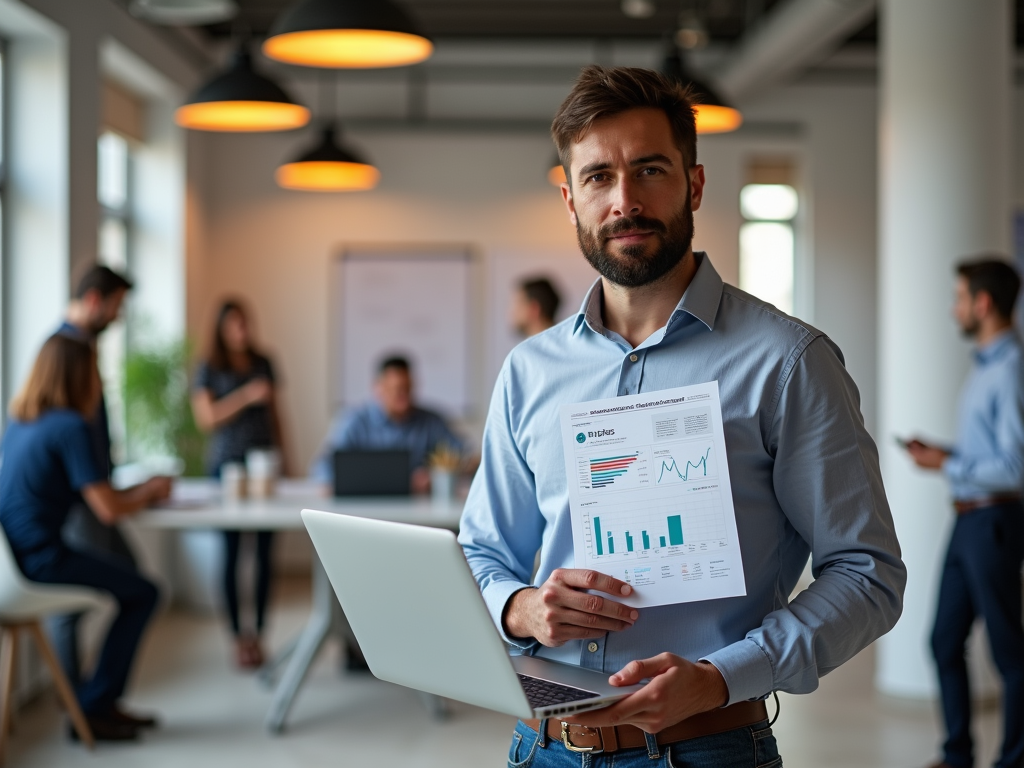 Man in office holding laptop and documents, with coworkers in background.