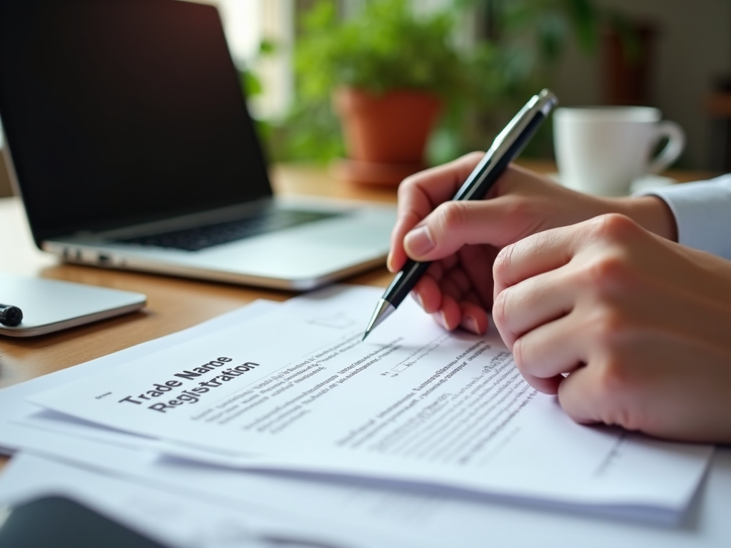 Person signing a trade name registration form at a desk with a laptop and coffee cup in view.