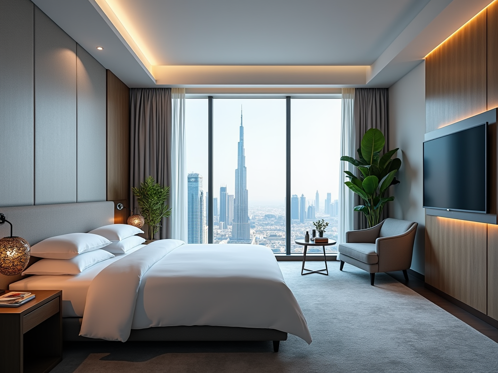 Modern hotel room with a city skyline view from a floor-to-ceiling window, luxurious interior design.