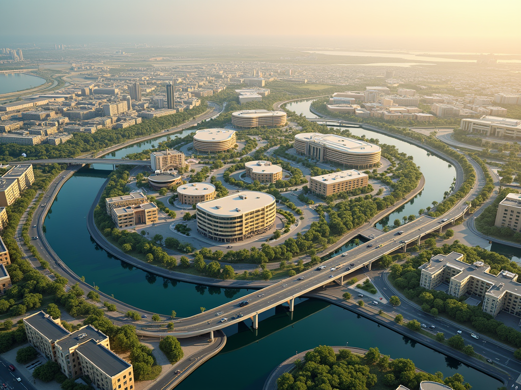 Aerial view of a modern cityscape with winding river, circular buildings, and intersecting highways during sunset.