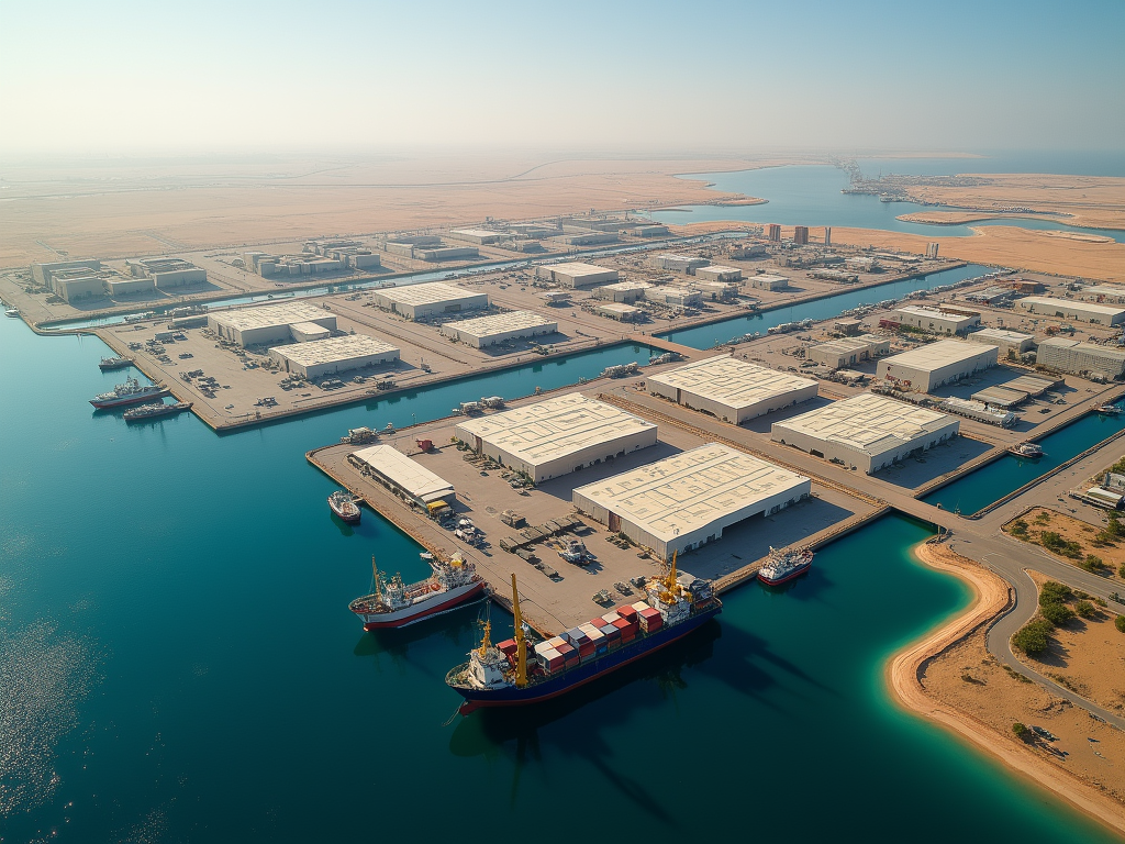 Aerial view of industrial port with warehouses and cargo ships at dock in a desert setting.