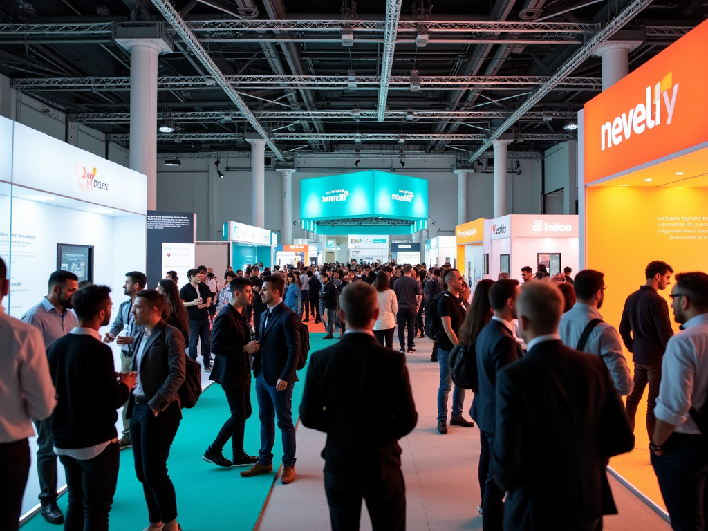 Crowded technology expo with attendees networking between brightly-lit corporate booths.