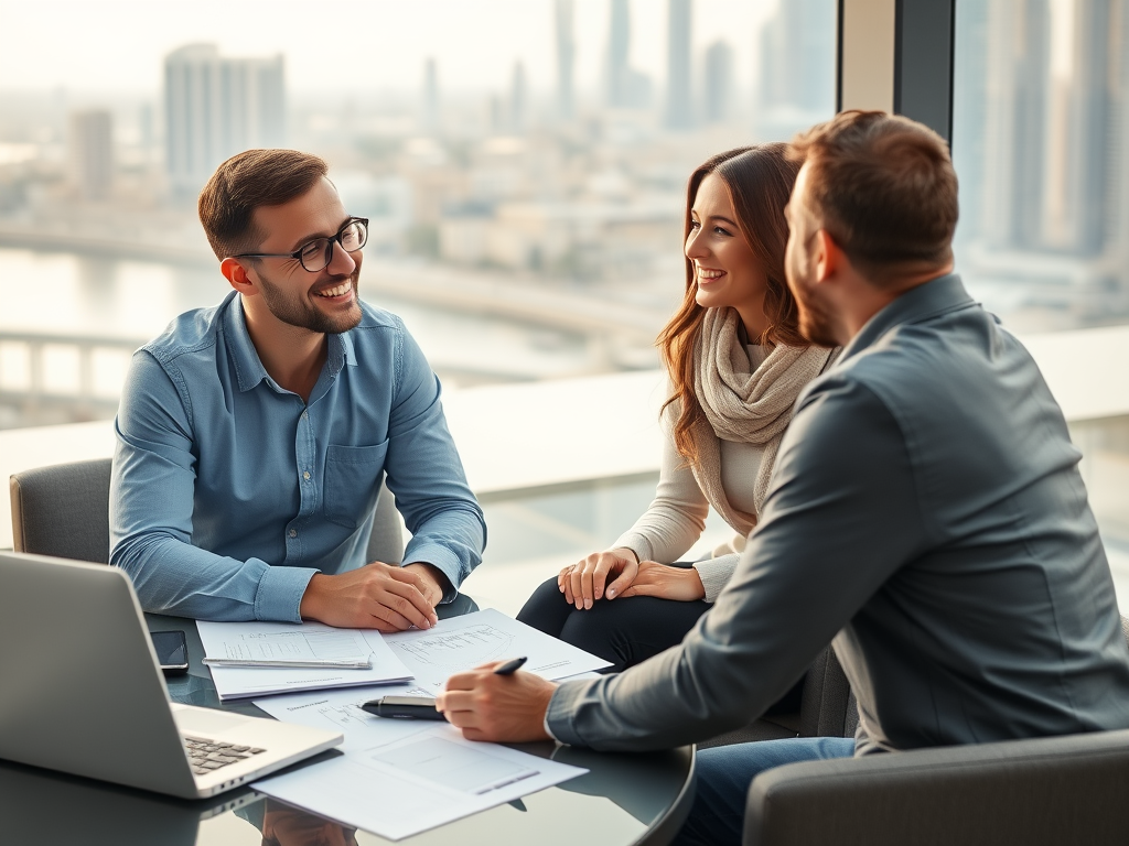 Three professionals engage in a lively discussion at a modern office, overlooking a city skyline.