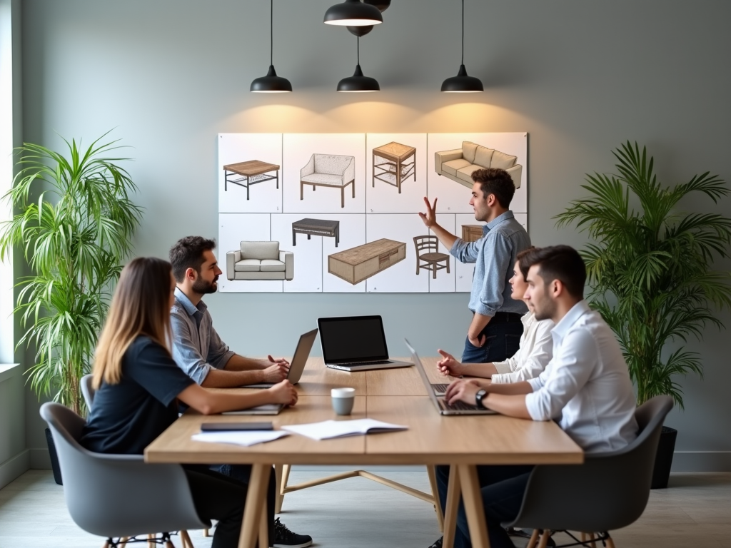 Team in a meeting room discussing furniture designs displayed on wall posters.