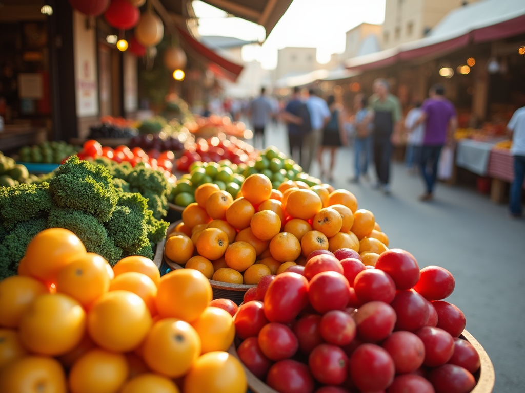 Fresh tomatoes, oranges, and broccoli on display at a bustling outdoor market.