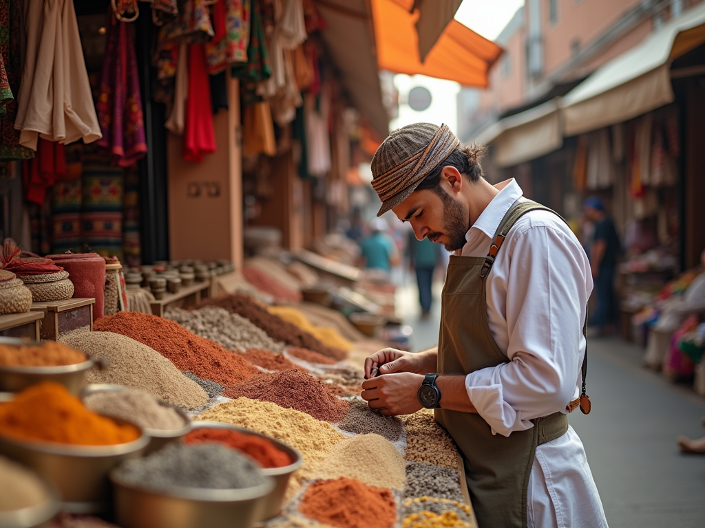 Man in apron examining spices at a vibrant market stall.