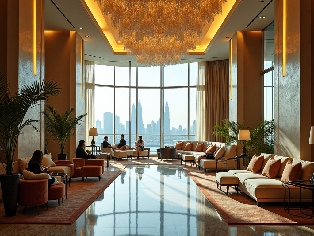 Luxurious hotel lobby with city skyline view, elegant decor, and people relaxing on sofas.