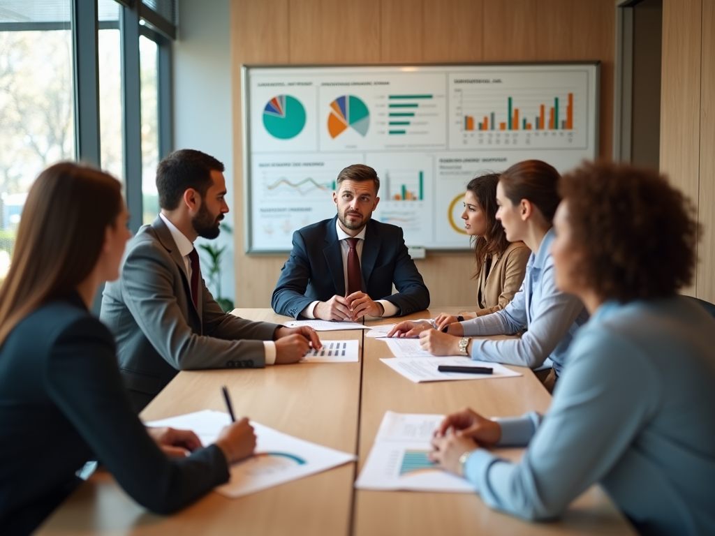 Professional team discussing graphs and data in a well-lit office meeting room.