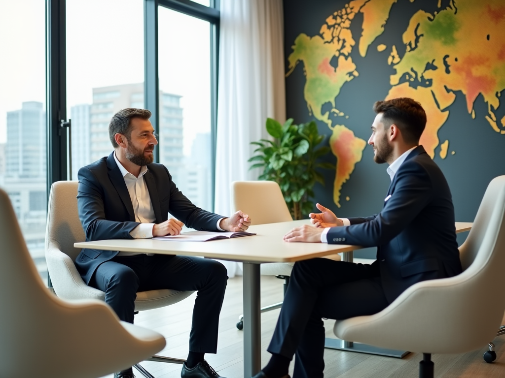 Two businessmen engaging in a conversation at a table in a modern office with a world map background.