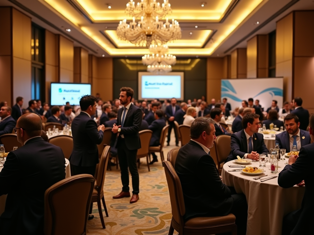 Business professionals networking at a conference with a focused foreground discussion.