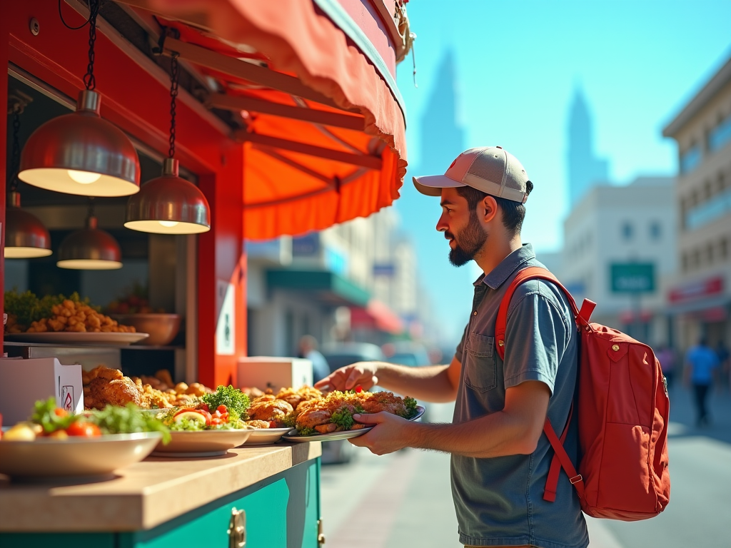 Man with a red backpack serving food at an outdoor street food stall.