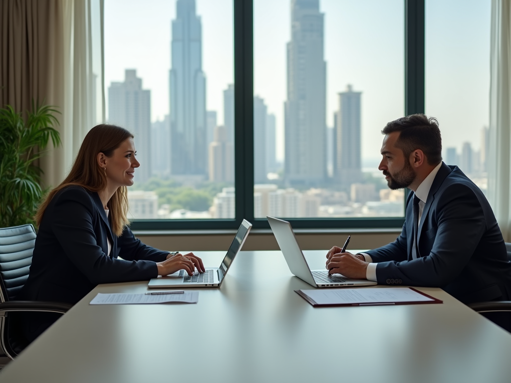 Two business professionals working on laptops at a conference table with a city skyline view.