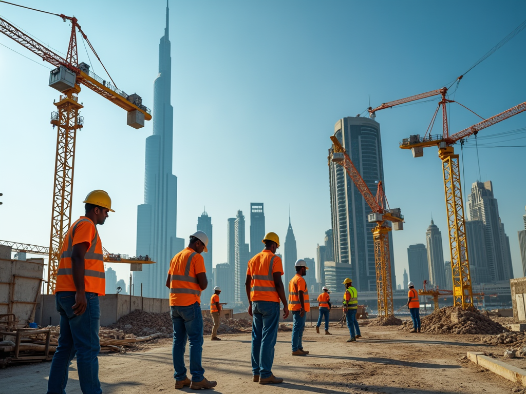 Construction workers in safety vests at a site with cranes and skyscrapers in the background.