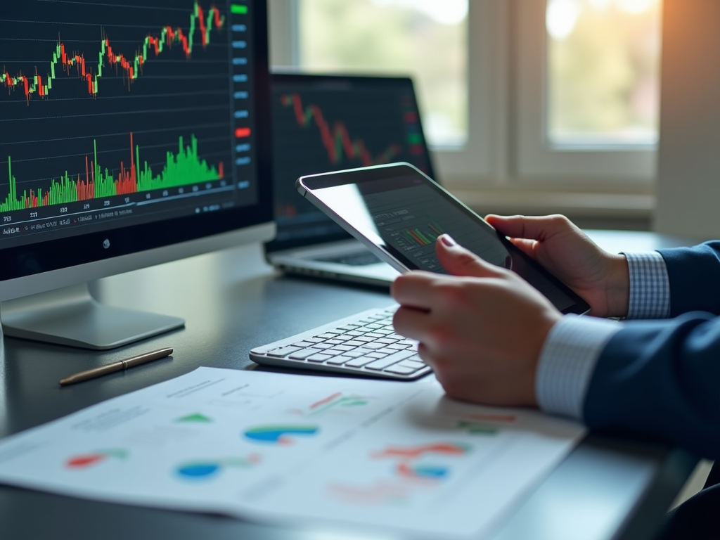 Person analyzing financial data on multiple screens and a smartphone in an office setting.