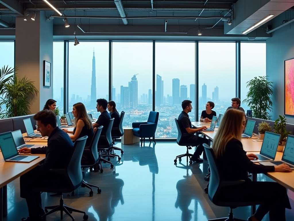 Modern office with people working and city skyline visible through large windows.