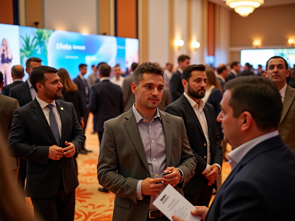 Business professionals networking at a conference with digital screens in the background.