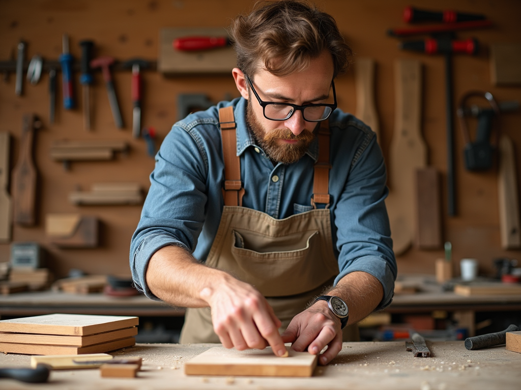 Bearded craftsman in workshop focusing on measuring wood.