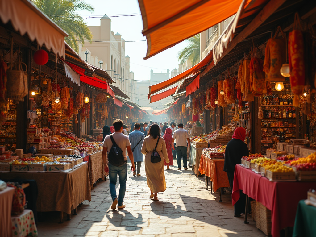 People walking through a vibrant market street with colorful stalls selling fruits, spices, and foods.