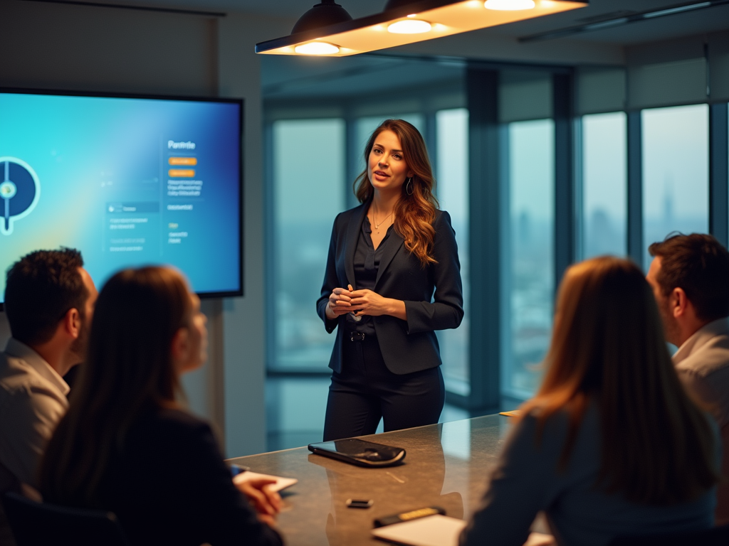 Woman presenting to a group of colleagues in a modern office conference room.