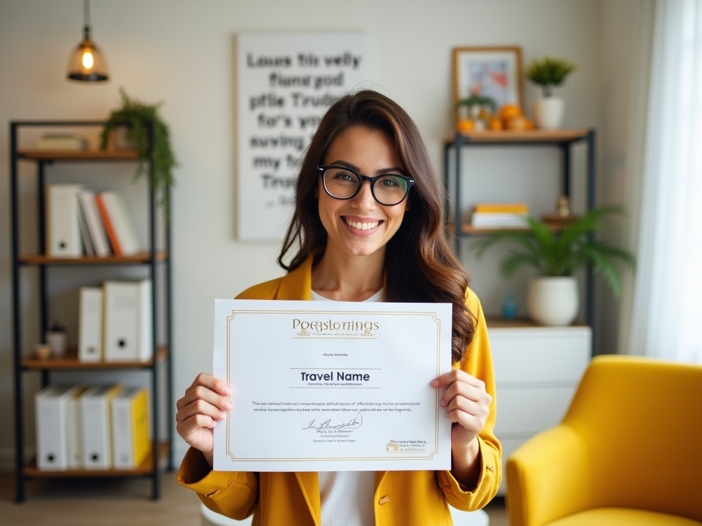 Smiling woman in glasses, holding a certificate, standing in a stylish room.