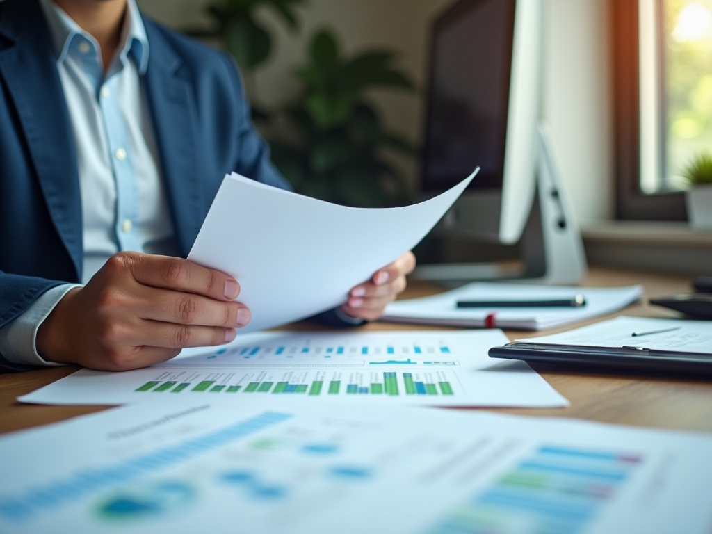 Business professional analyzing financial documents at a desk with graphs and a laptop.