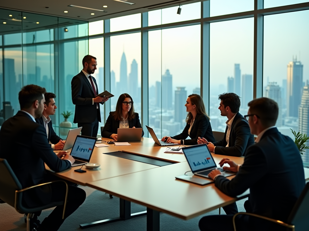 Business team in a meeting in a modern office overlooking a city skyline.