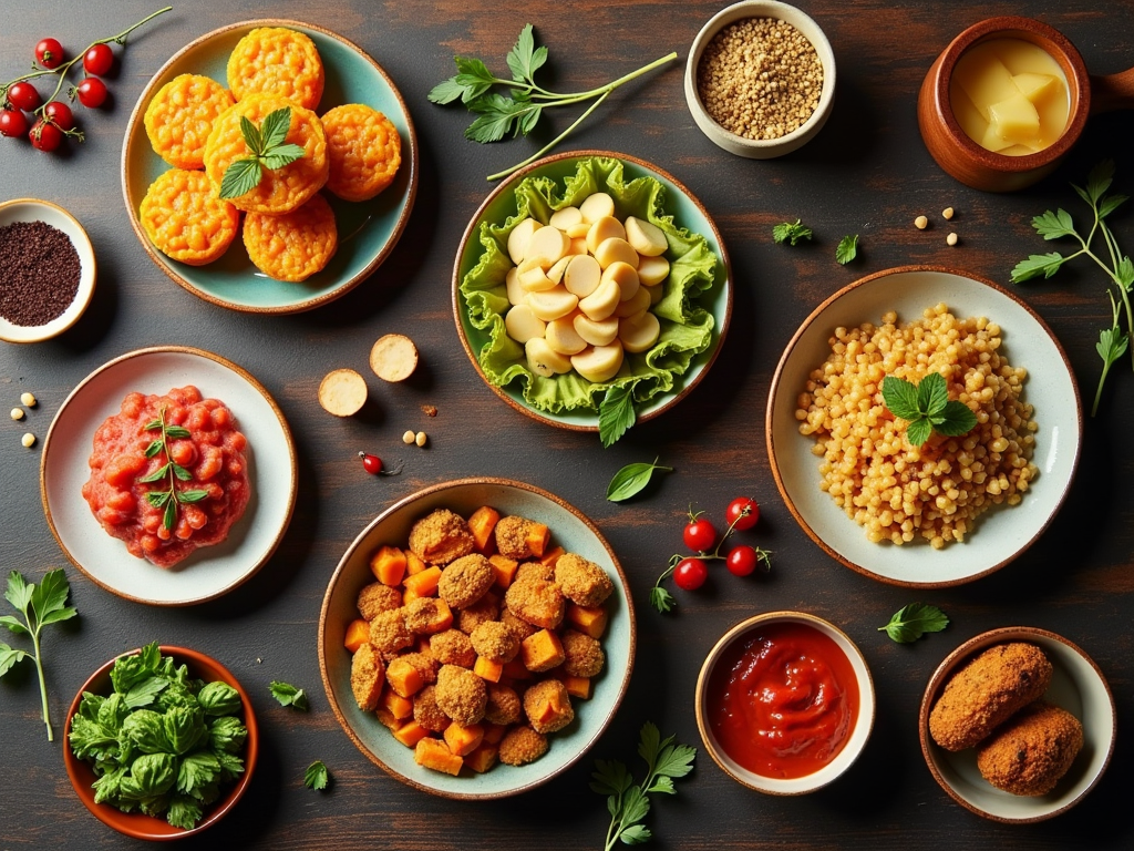 Variety of vegetarian dishes on a dark wooden table, including grains, vegetables, and sauces.