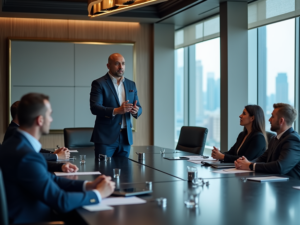 Bald businessman presenting to colleagues in a modern conference room with cityscape view.