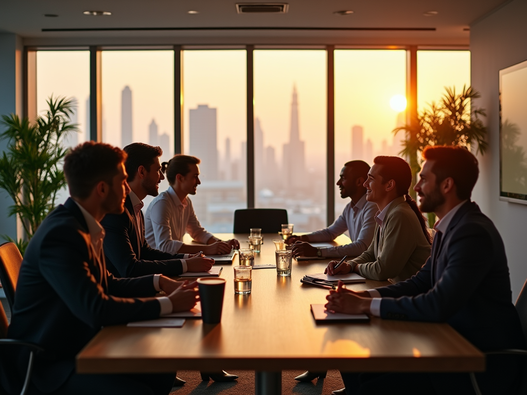 Business professionals in a meeting at sunset, silhouetted against city skyline through large windows.