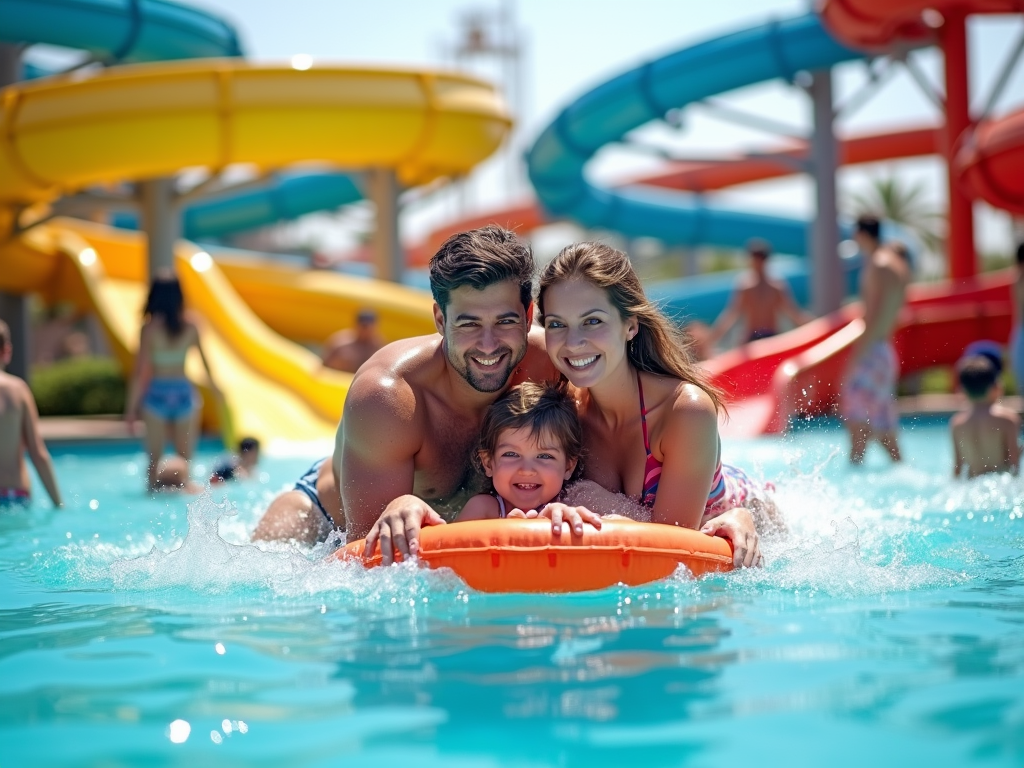 Family enjoying pool time with colorful slides in the background.