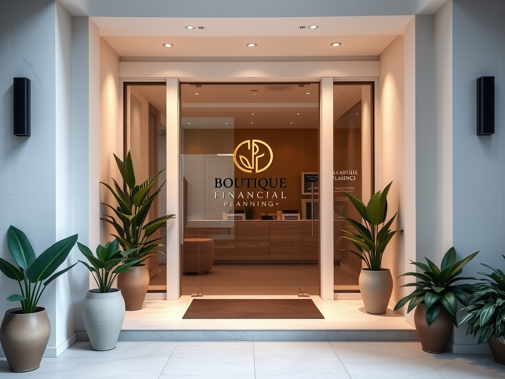 The entrance of a modern financial planning office, featuring the logo "BOUTIQUE FINANCIAL PLANNING" and potted plants.