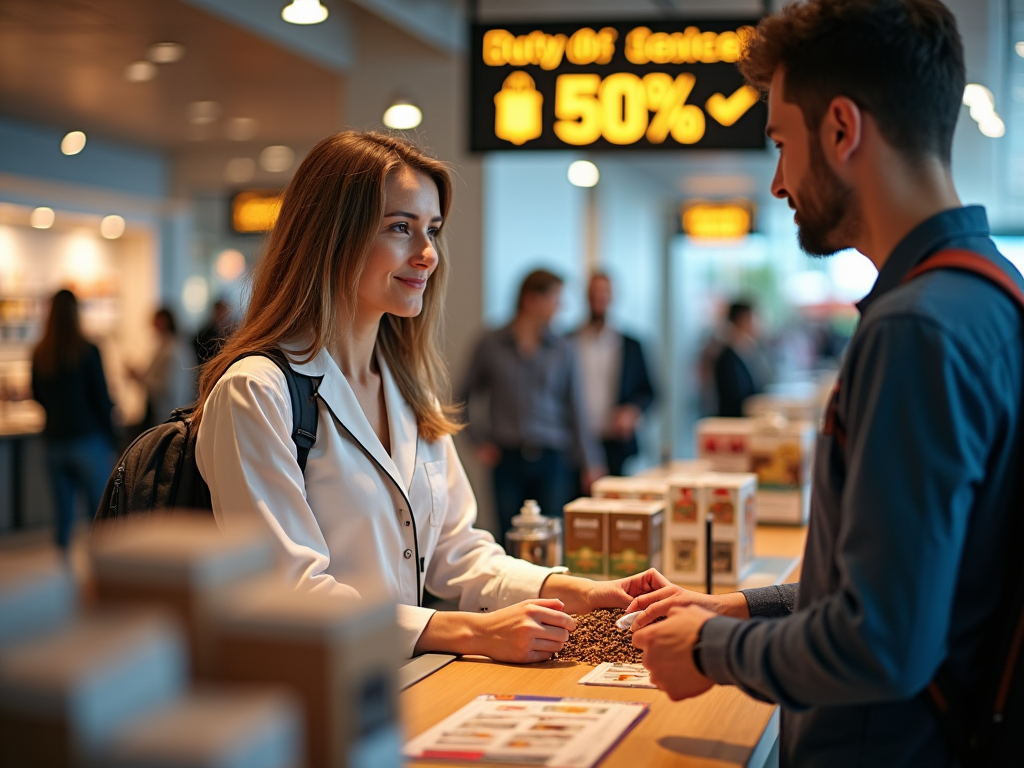 Woman smiling at a store clerk while shopping in a duty-free area with a 50% sale sign in the background.