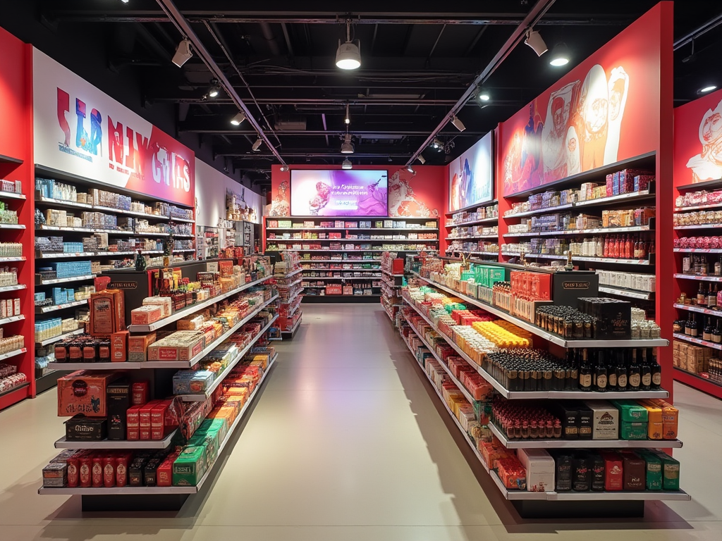 Modern grocery store aisle with vibrant red decor and diverse food products on shelves.