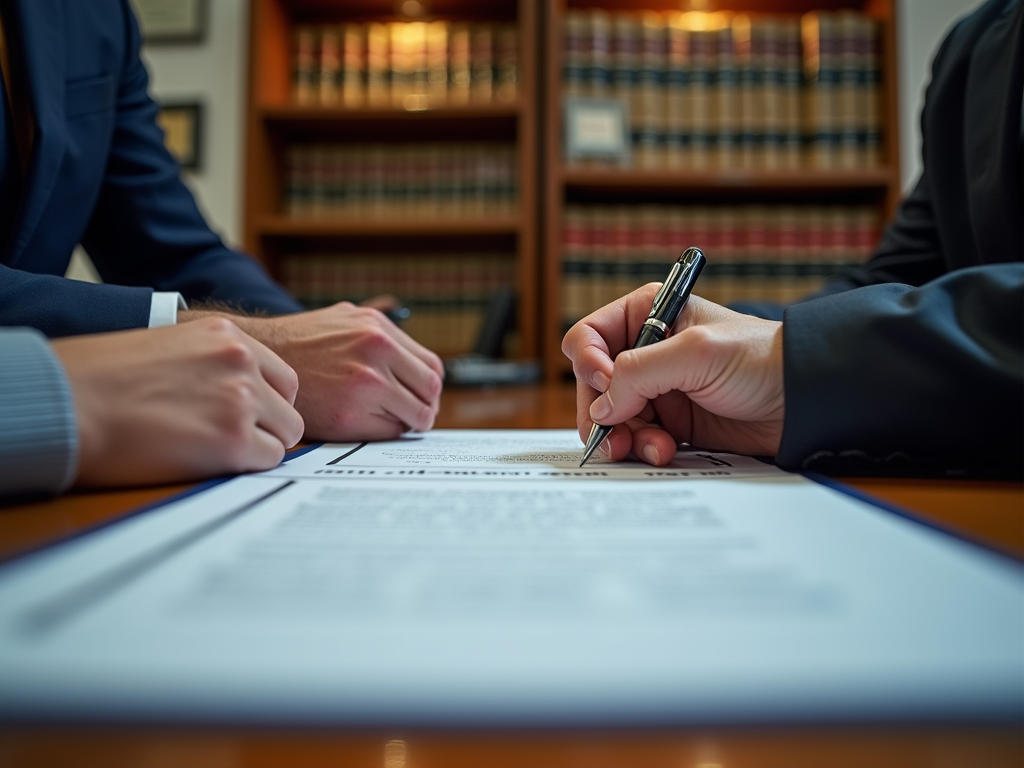 Two individuals signing a document at a table, with law books in the background.