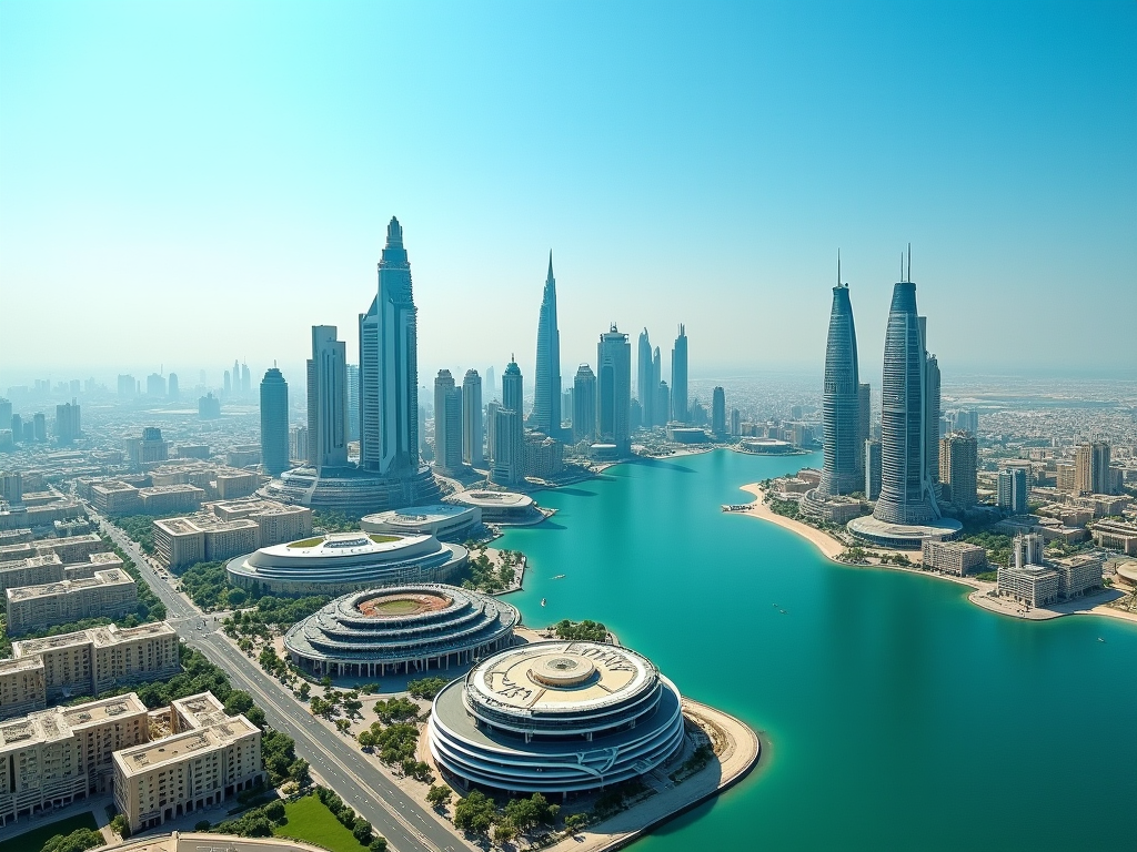 Aerial view of a modern cityscape with skyscrapers and a turquoise waterfront.